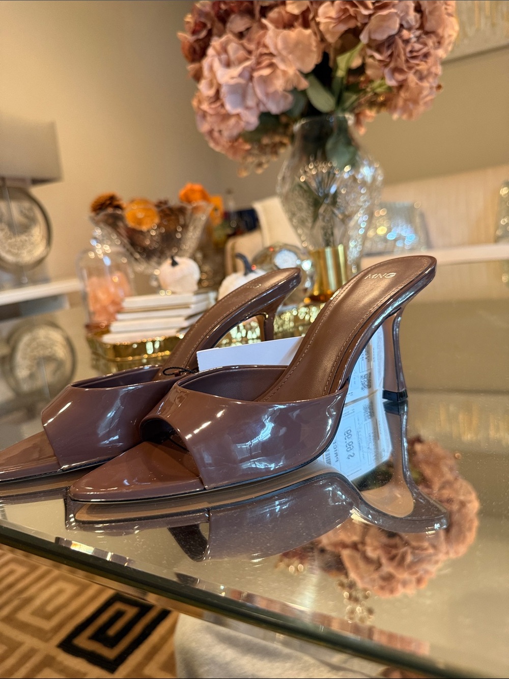 Mango Patent Taupe Slip-On Mule Heels